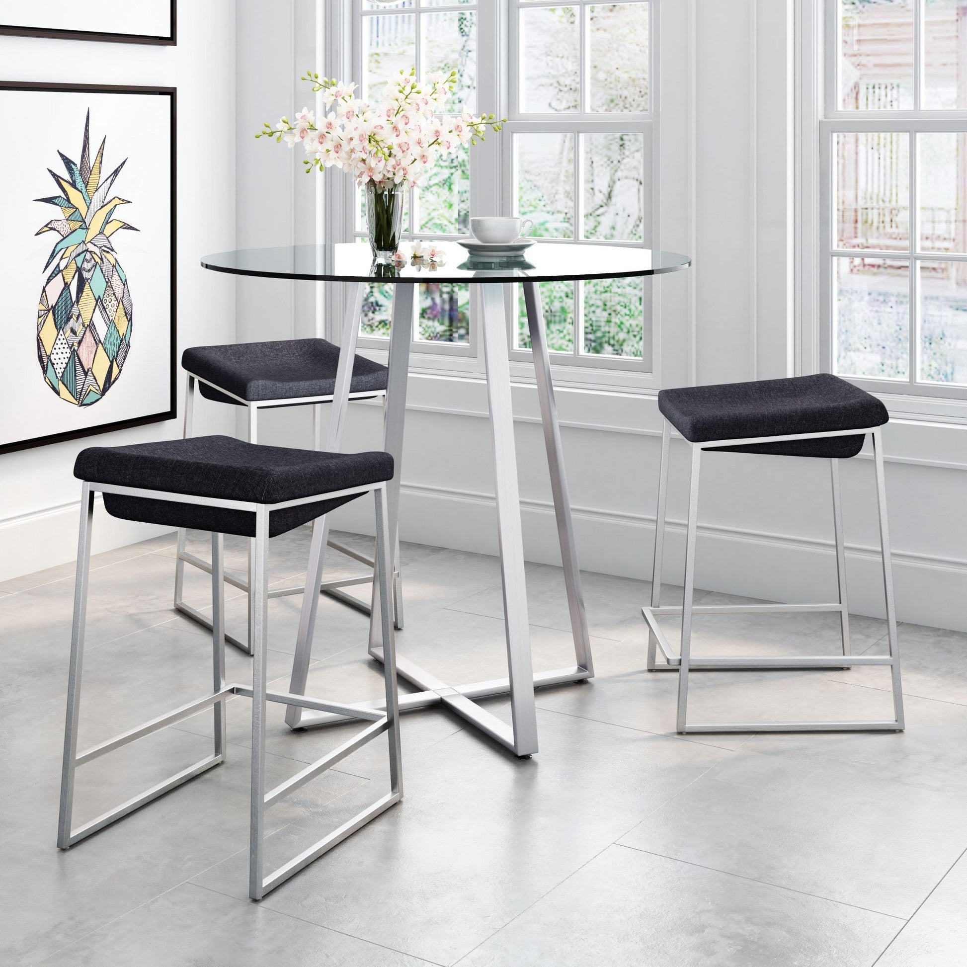 HomeRoots Dark Gray And Stainless Indented Counter Stools in Set of 2