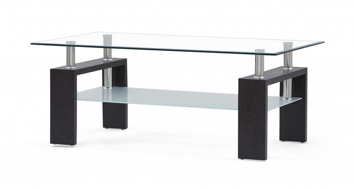 HomeRoots Dark Walnut legs Coffee Table with Rectangular Clear Glass Top