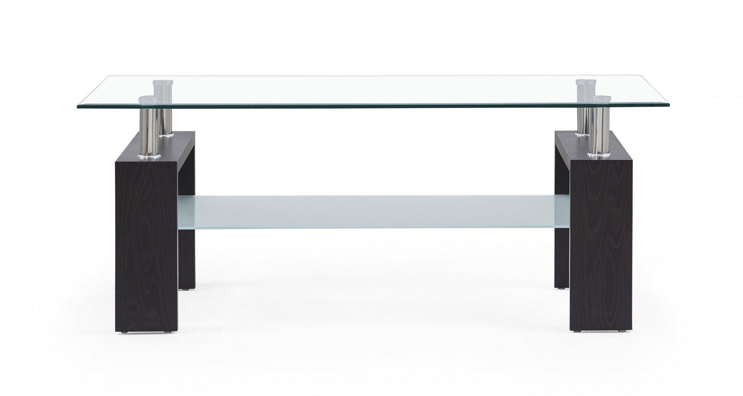 HomeRoots Dark Walnut legs Coffee Table with Rectangular Clear Glass Top