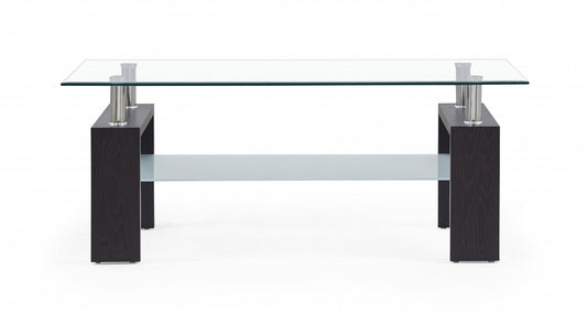 HomeRoots Dark Walnut legs Coffee Table with Rectangular Clear Glass Top