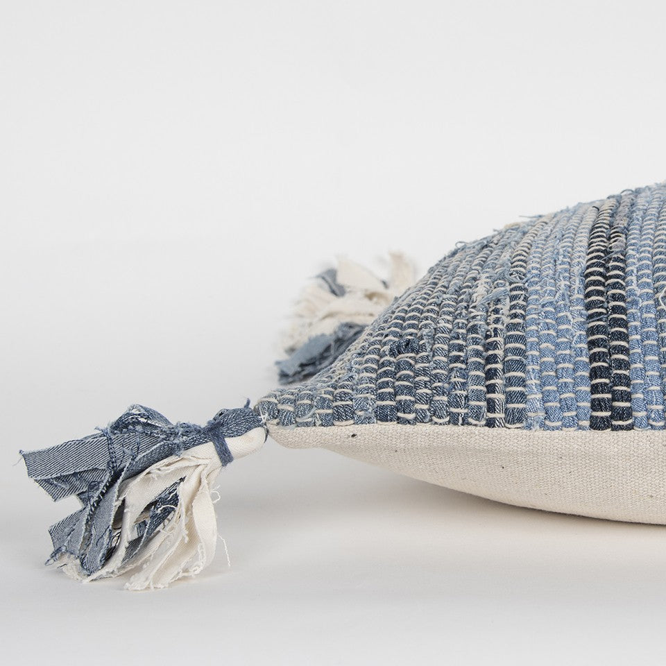 HomeRoots Denim Blue Repurposed Woven Strips Lumbar Pillow