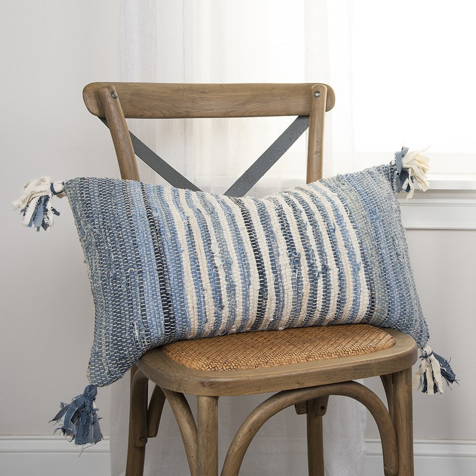 HomeRoots Denim Blue Repurposed Woven Strips Lumbar Pillow