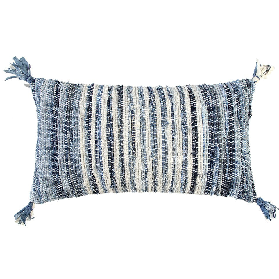 HomeRoots Denim Blue Repurposed Woven Strips Lumbar Pillow