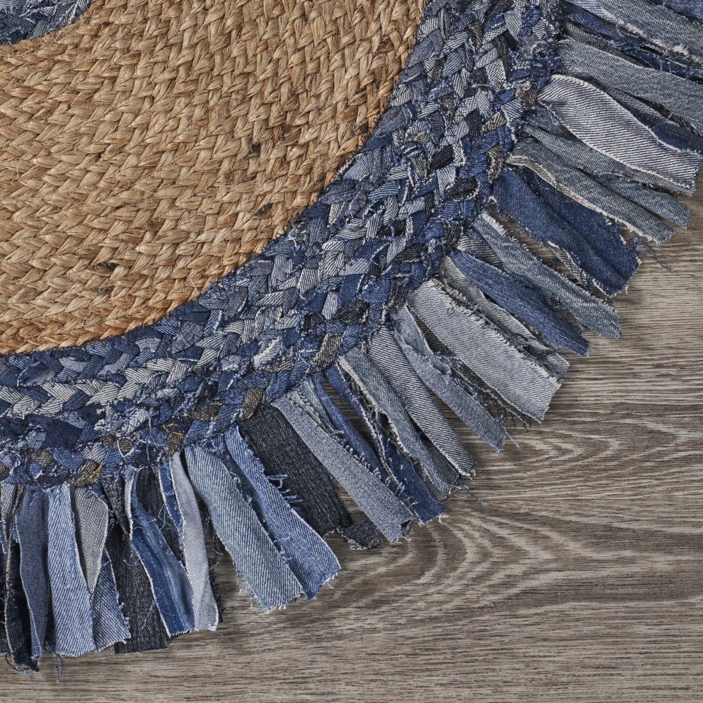 HomeRoots Denim and Natural Jute Fringed Round Rug