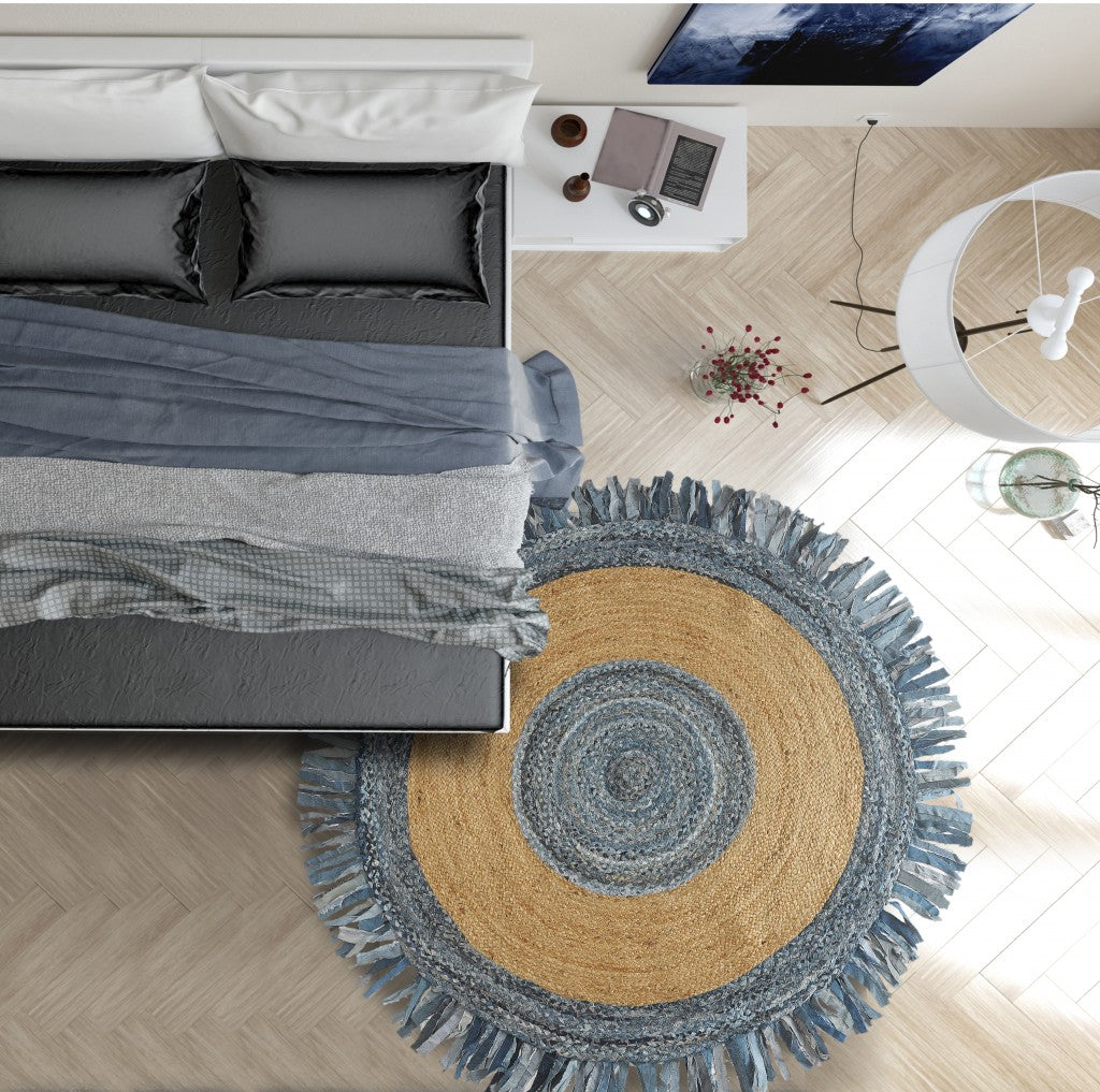 HomeRoots Denim and Natural Jute Fringed Round Rug