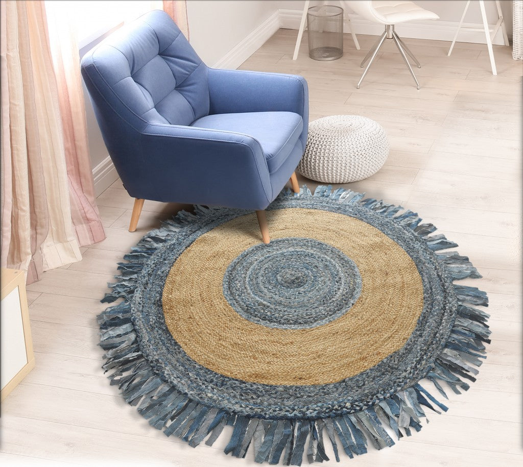 HomeRoots Denim and Natural Jute Fringed Round Rug