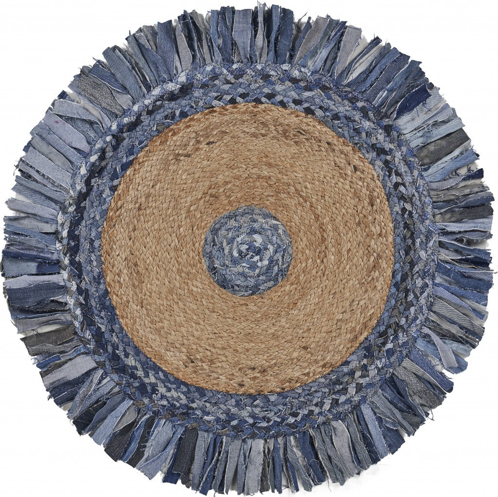 HomeRoots Denim and Natural Jute Fringed Round Rug