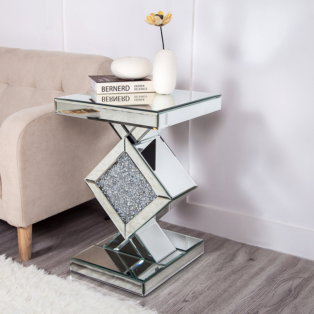 HomeRoots Diamond Mirrored Side Table in Silver Finish
