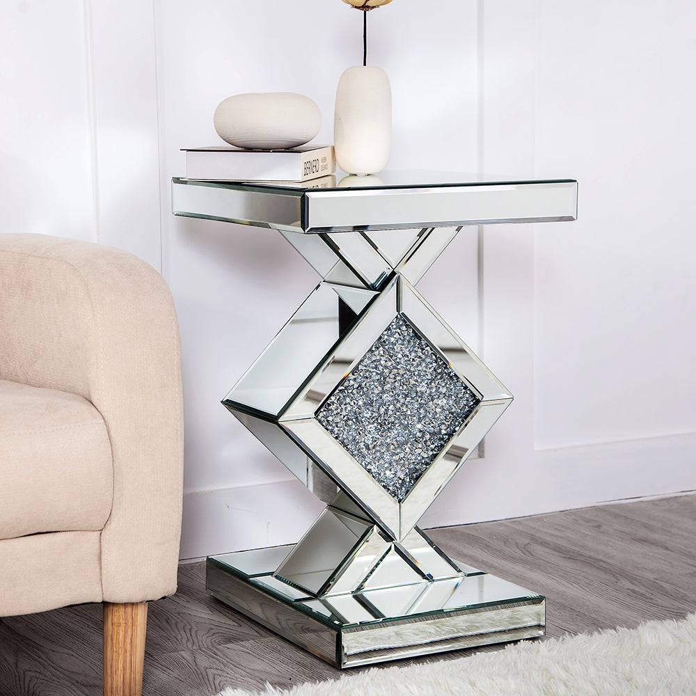 HomeRoots Diamond Mirrored Side Table in Silver Finish