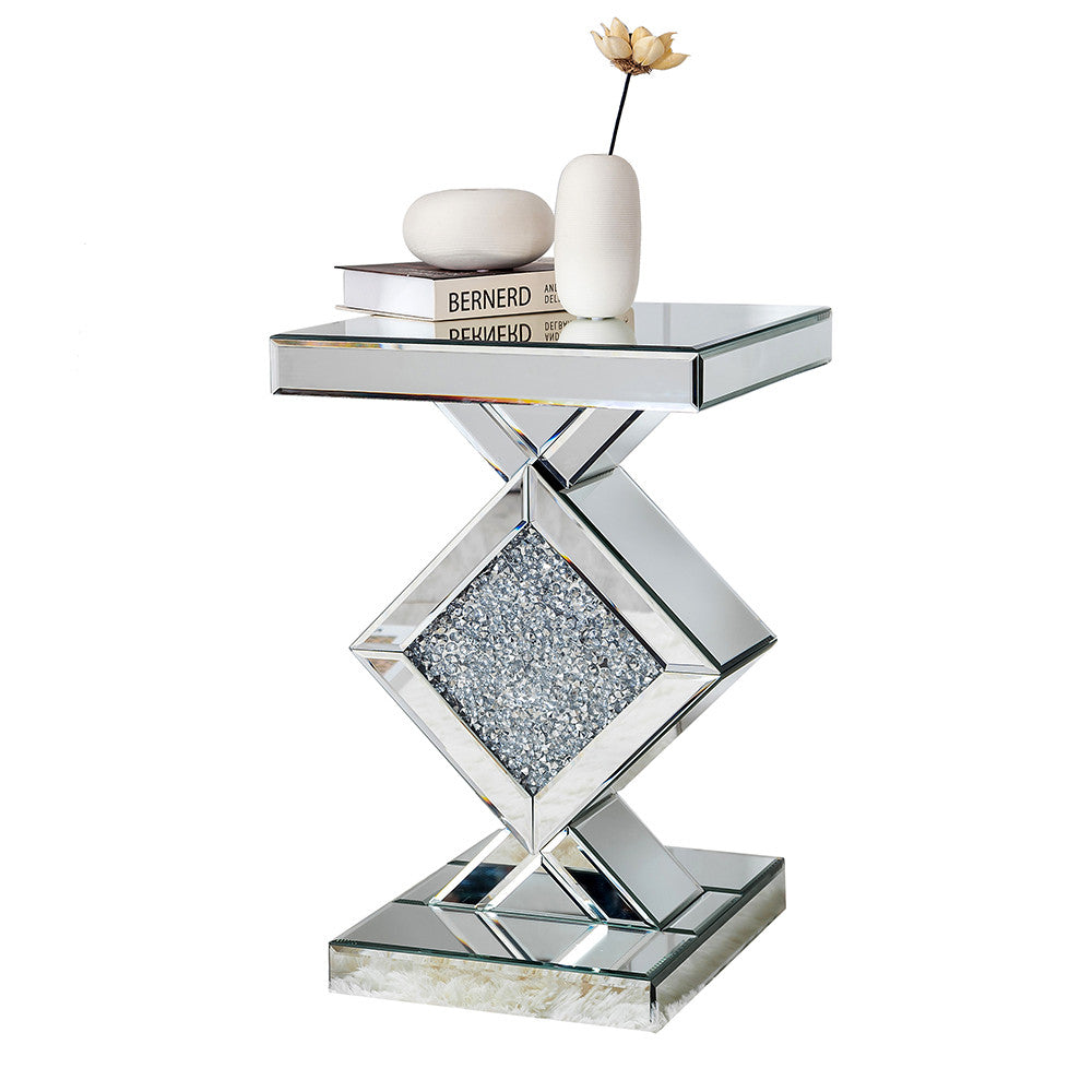 HomeRoots Diamond Mirrored Side Table in Silver Finish