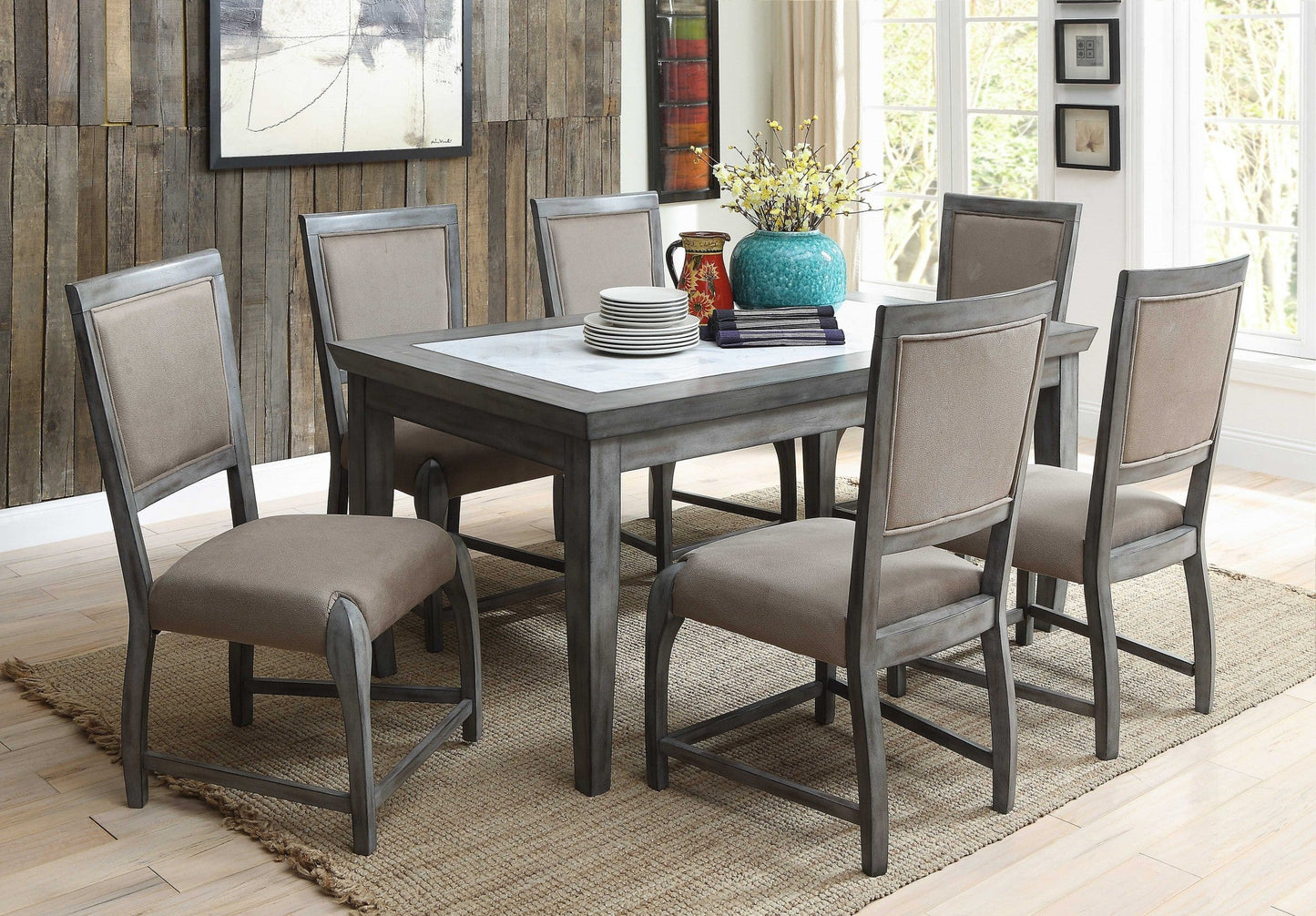 HomeRoots Dining Table, Real Marble & Antique Gray - Marble, Rubber Wood, Vene Real Marble & Antique Gray