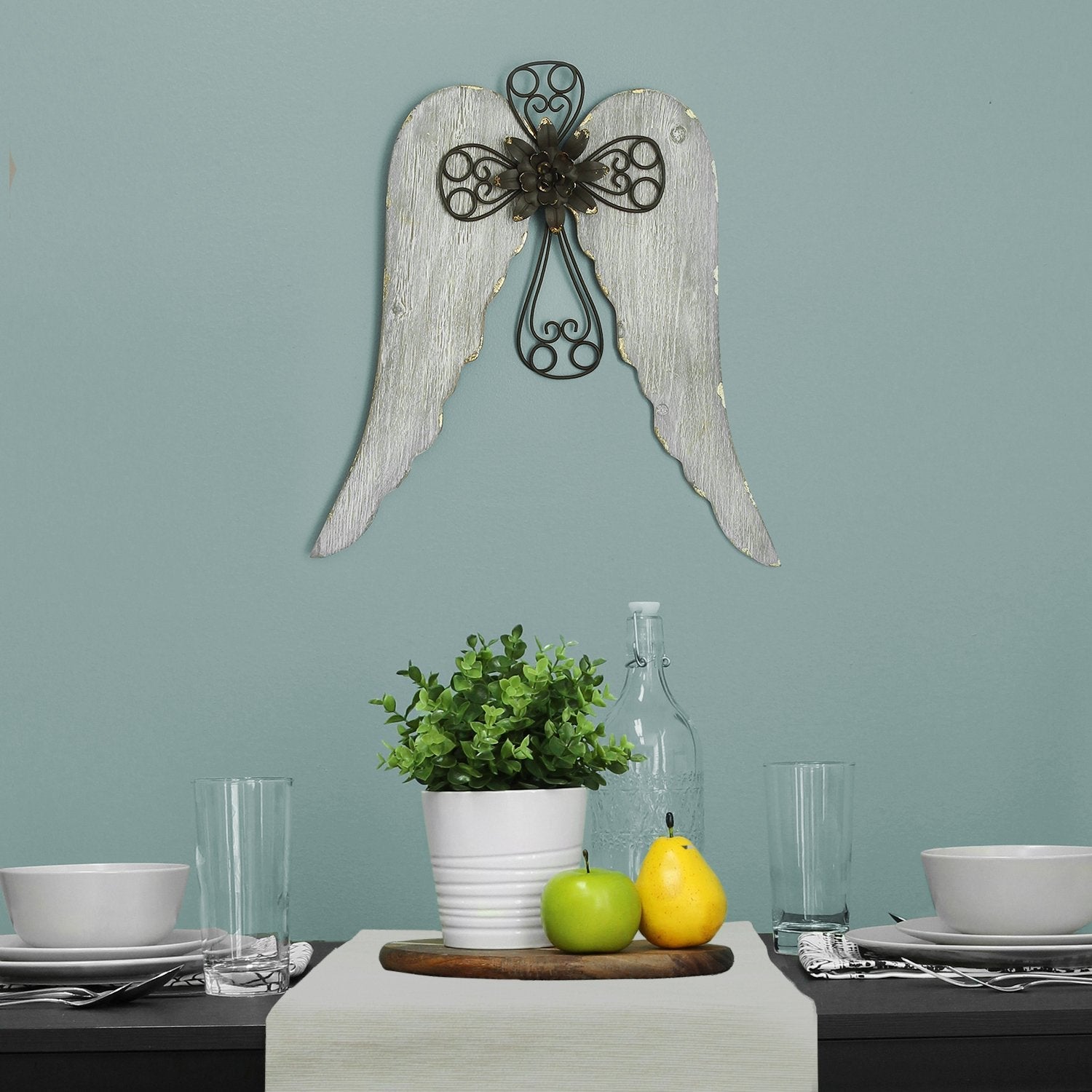 HomeRoots Distressed White Angel Wings With Metal Cross Wall Decor