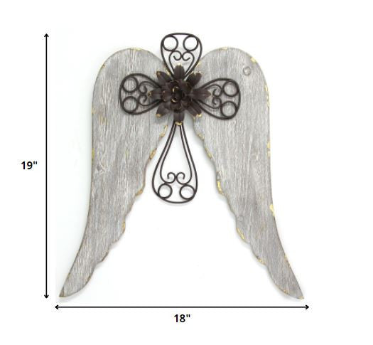 HomeRoots Distressed White Angel Wings With Metal Cross Wall Decor