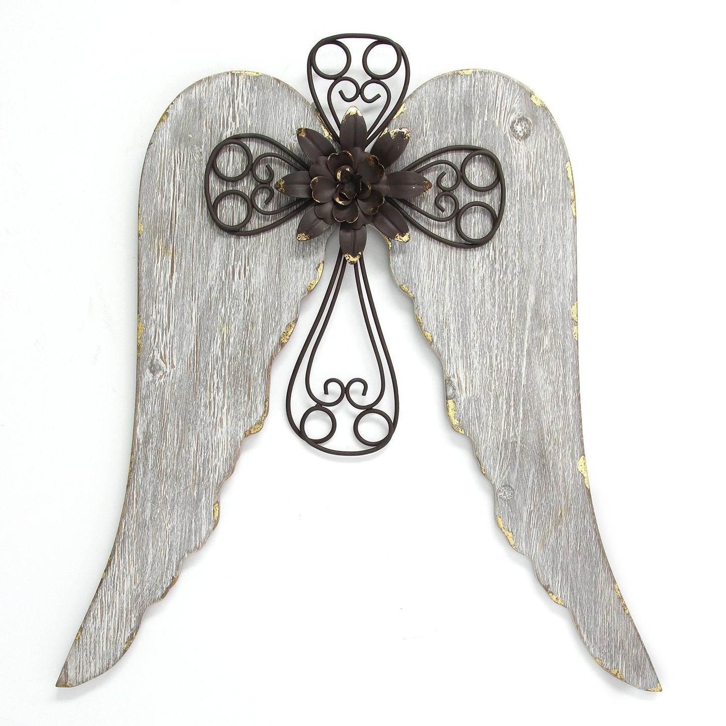HomeRoots Distressed White Angel Wings With Metal Cross Wall Decor