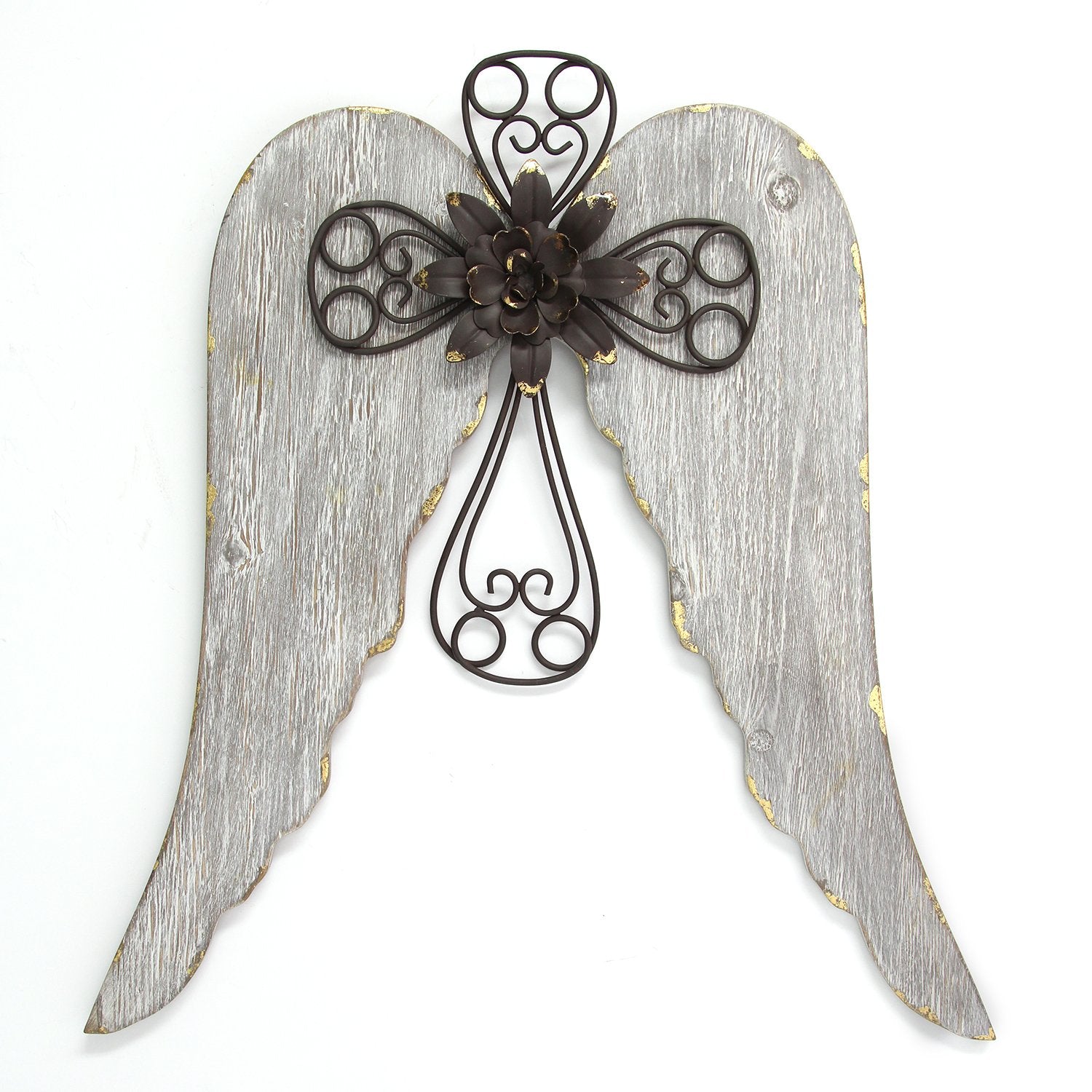 HomeRoots Distressed White Angel Wings With Metal Cross Wall Decor
