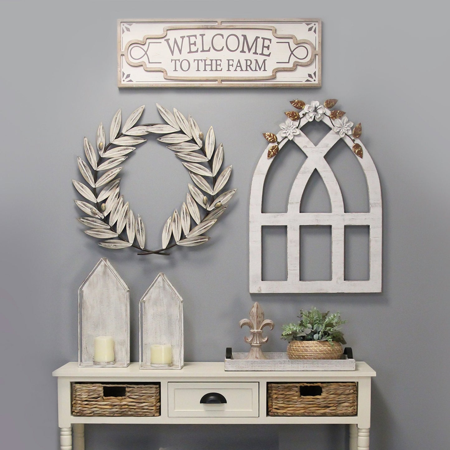 HomeRoots Distressed White Metal Wreath Wall Decor