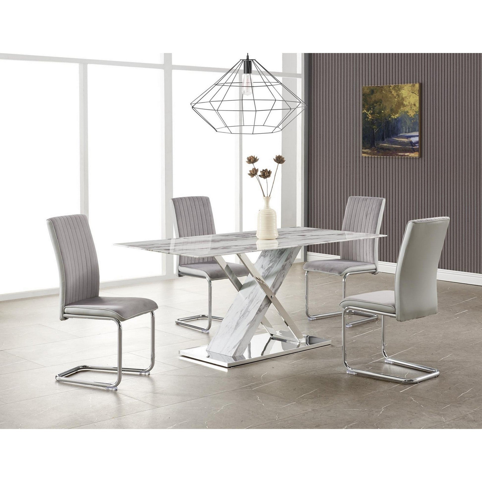 HomeRoots Elegant Marble Glass Top Dining Table with x Base Stainless Steel Accents
