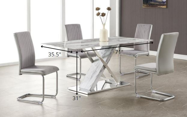 HomeRoots Elegant Marble Glass Top Dining Table with x Base Stainless Steel Accents