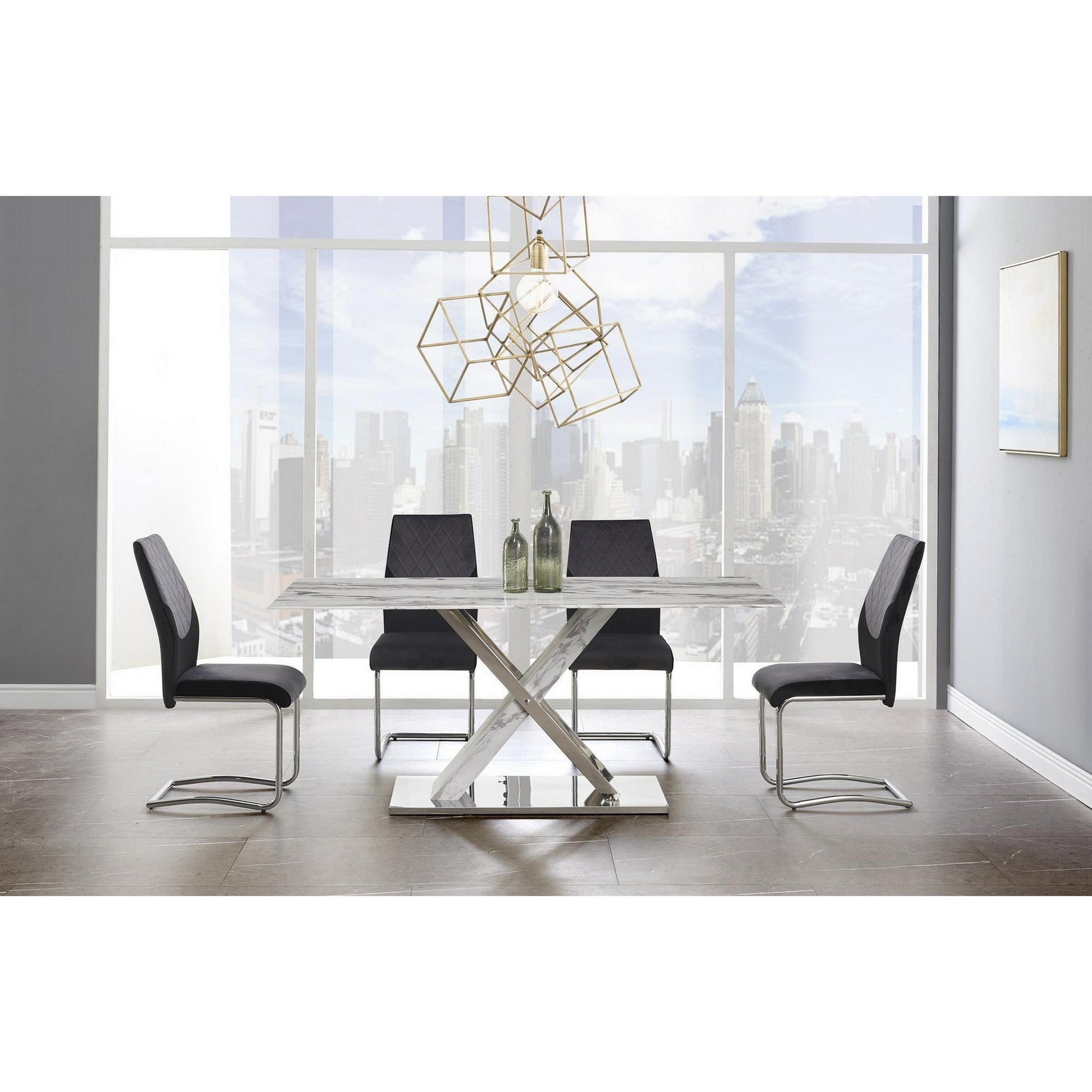 HomeRoots Elegant Marble Glass Top Dining Table with x Base Stainless Steel Accents
