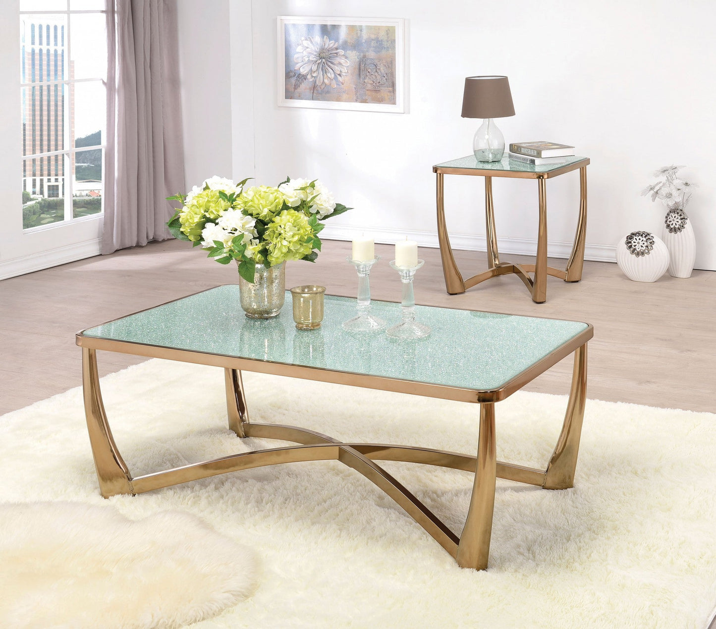 HomeRoots End Table With Champagne and Crackle Mirror Finish