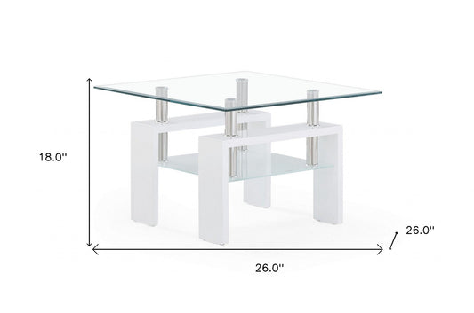 HomeRoots End Table With Rectangular Clear Glass Top and Glossy White Leg