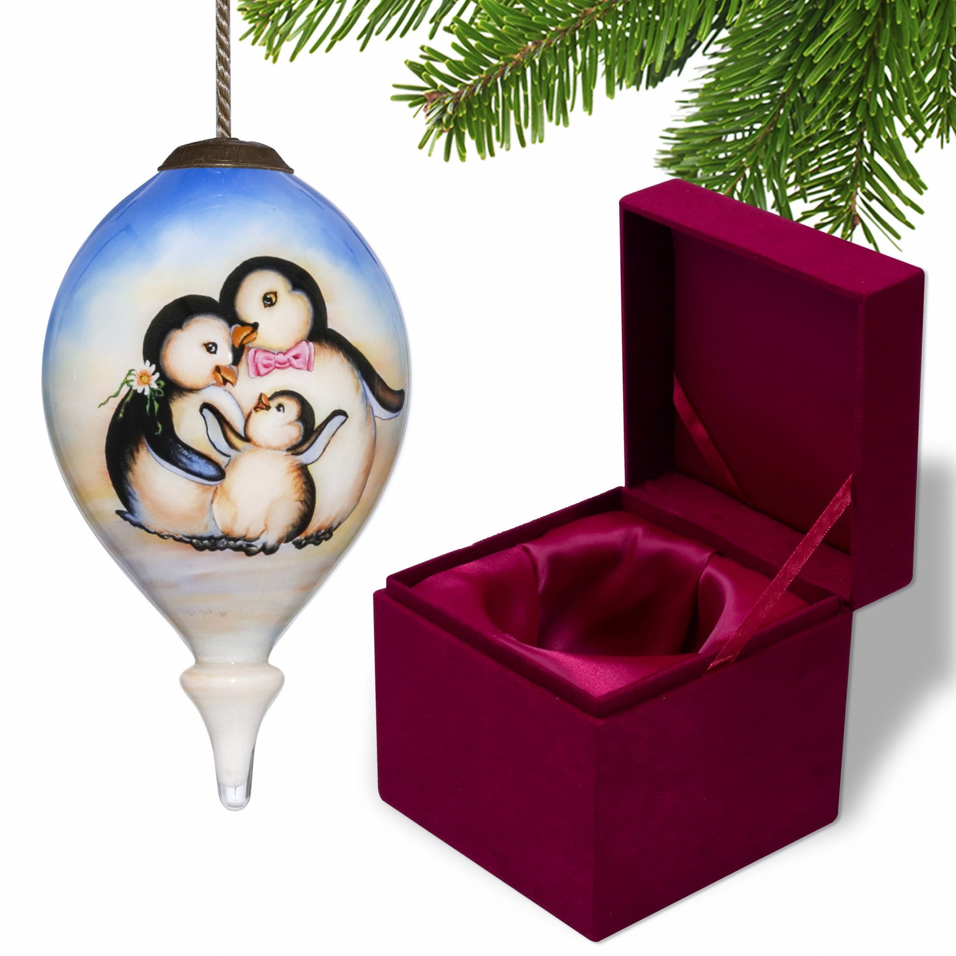 HomeRoots Family of Penguins Hand Painted Mouth Blown Glass Ornament