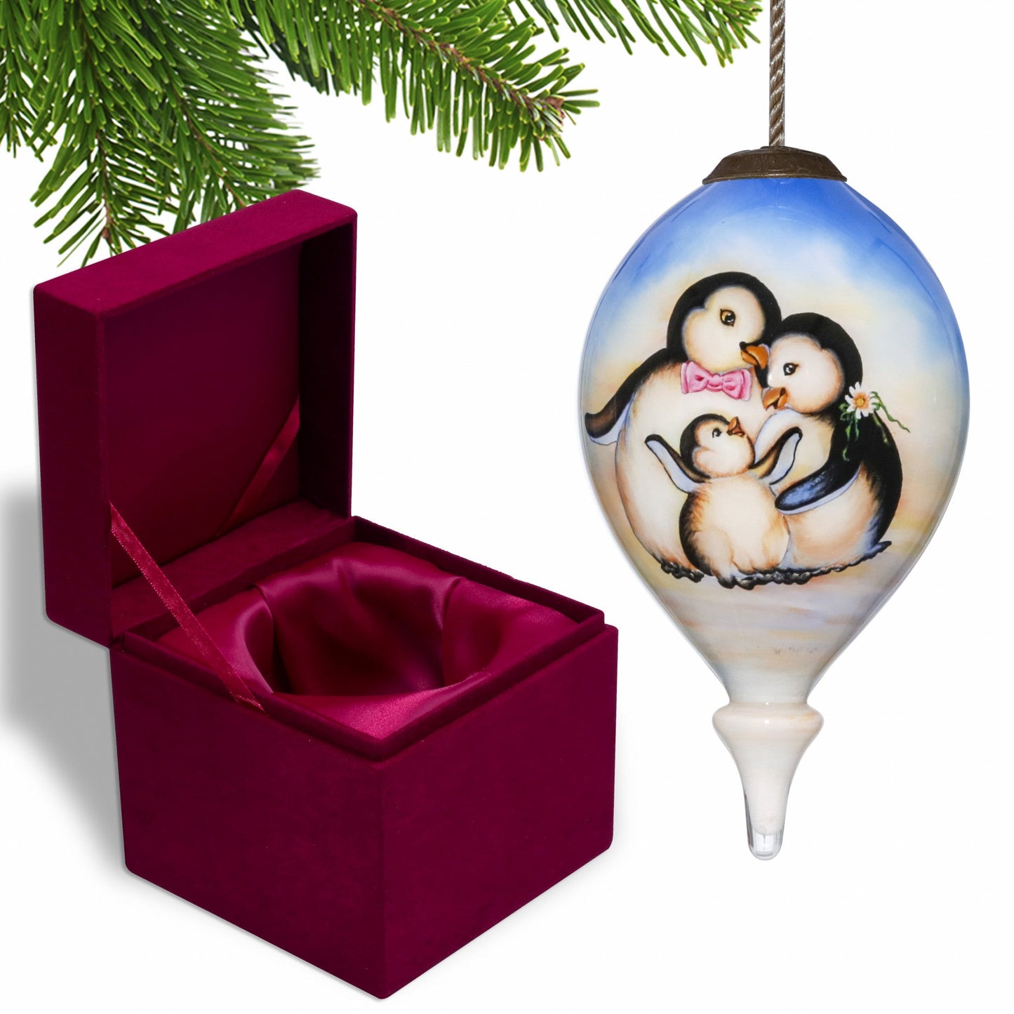 HomeRoots Family of Penguins Hand Painted Mouth Blown Glass Ornament