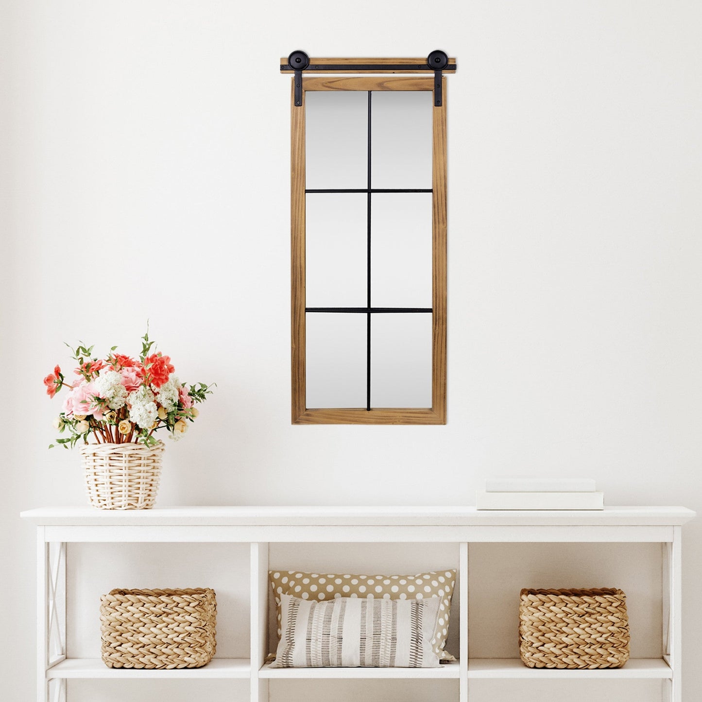 HomeRoots Farmhouse Style Brown Wooden Window Pane Wall Mirror