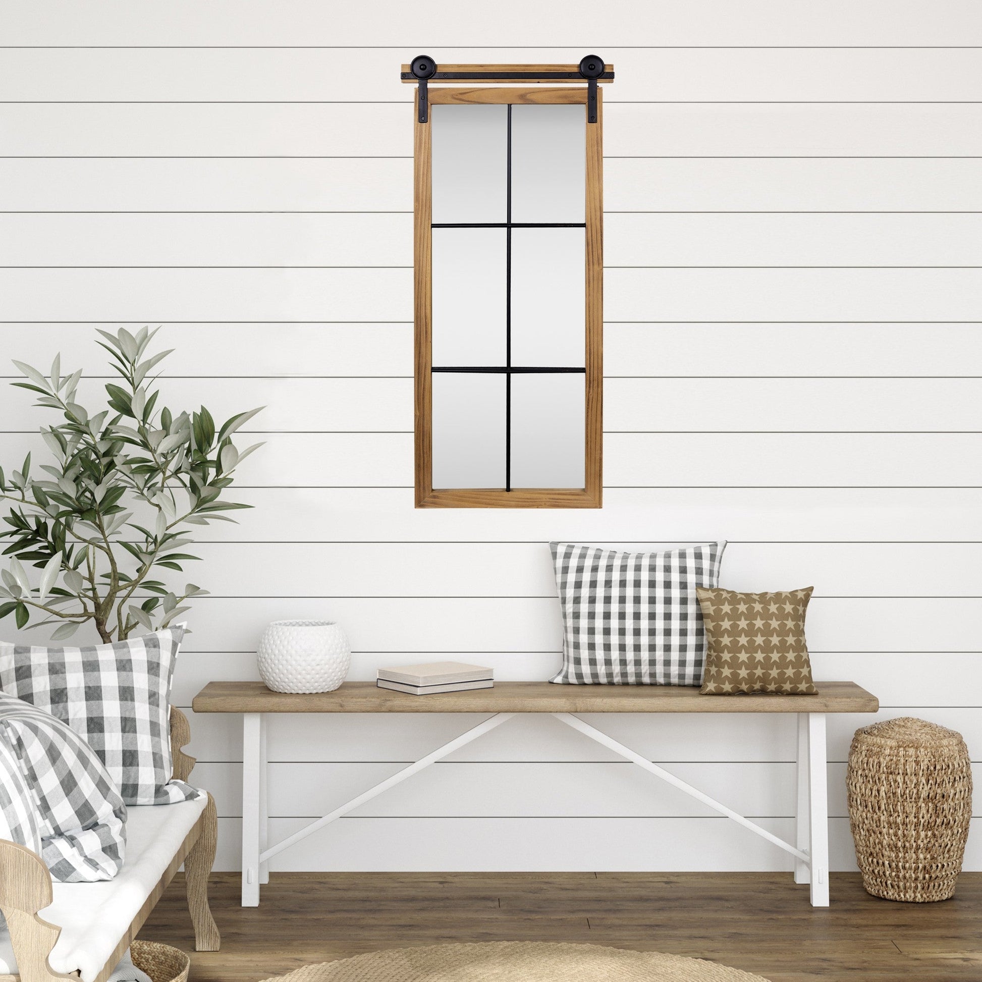 HomeRoots Farmhouse Style Brown Wooden Window Pane Wall Mirror