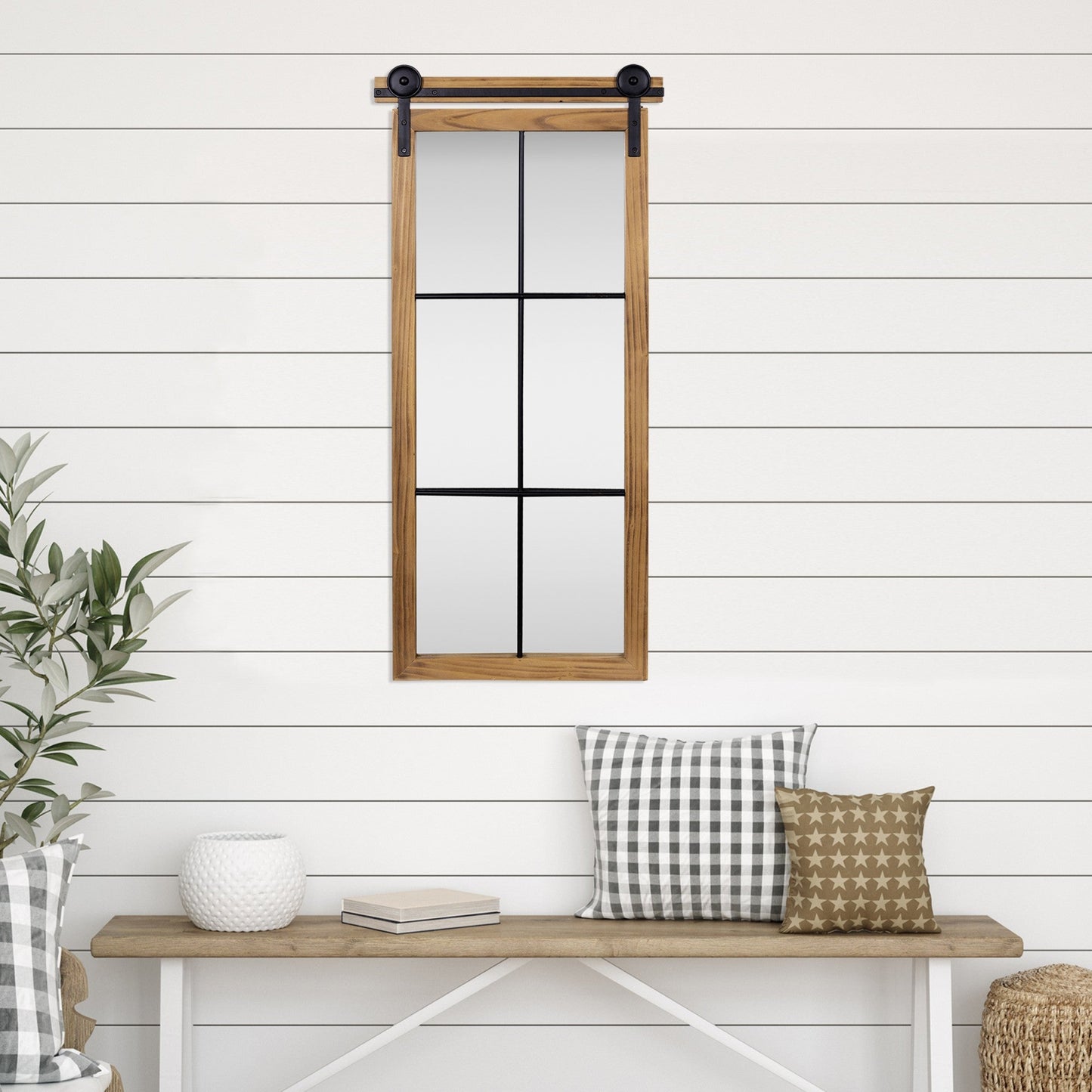 HomeRoots Farmhouse Style Brown Wooden Window Pane Wall Mirror