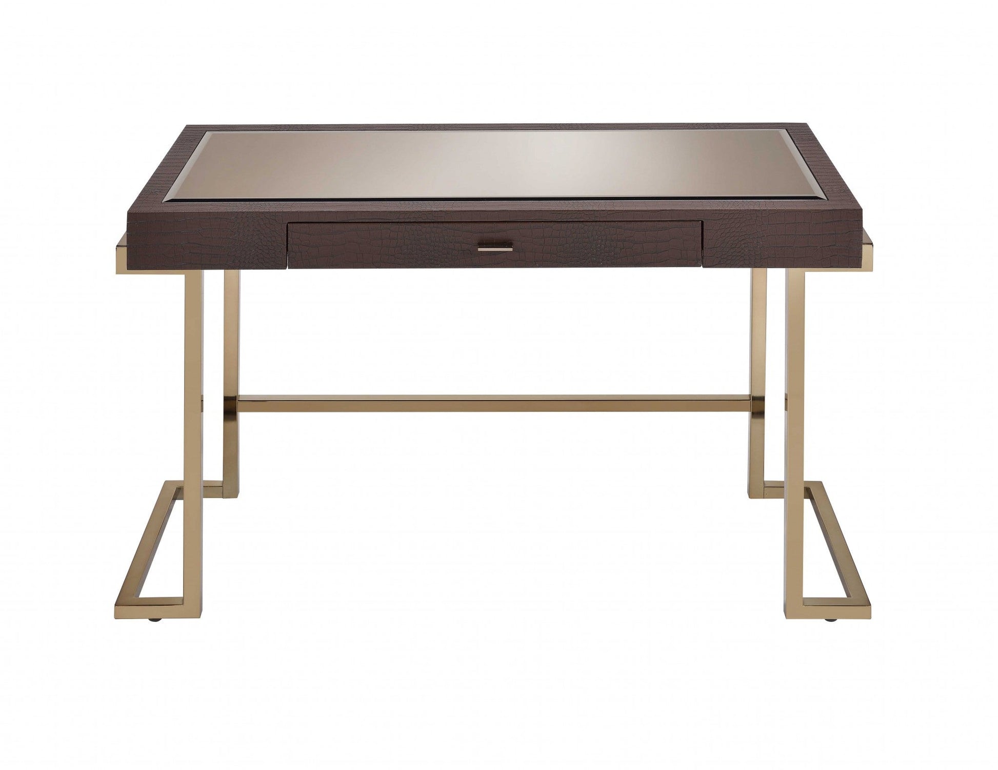 HomeRoots Faux Leather And Light Gold Mirror Desk in Brown Finish