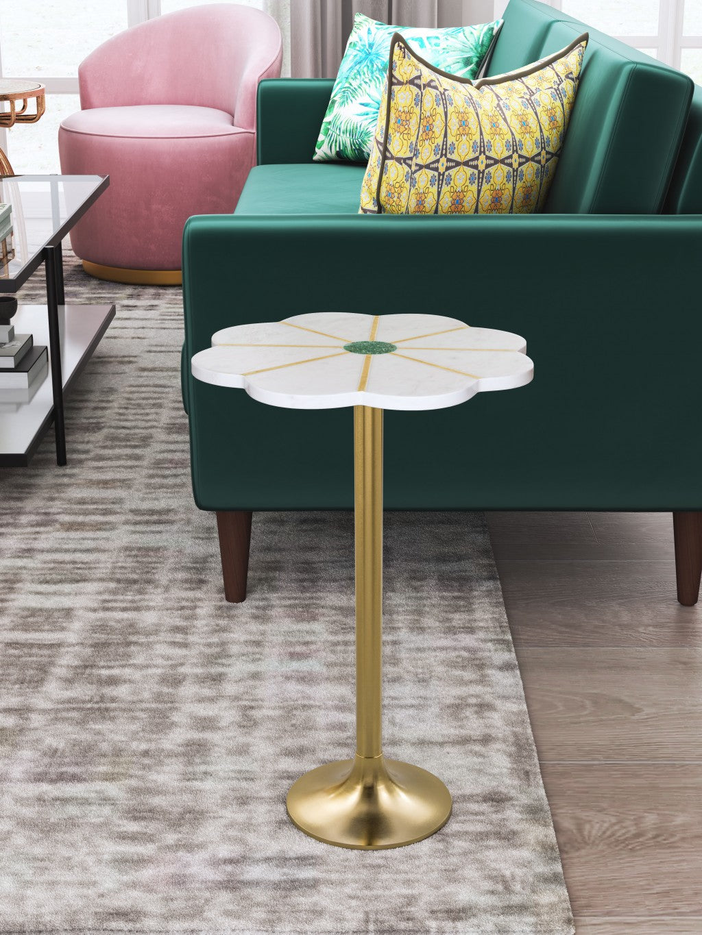 HomeRoots Flower Shape Marble Side Table With White and Gold Finish