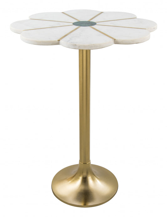 HomeRoots Flower Shape Marble Side Table With White and Gold Finish