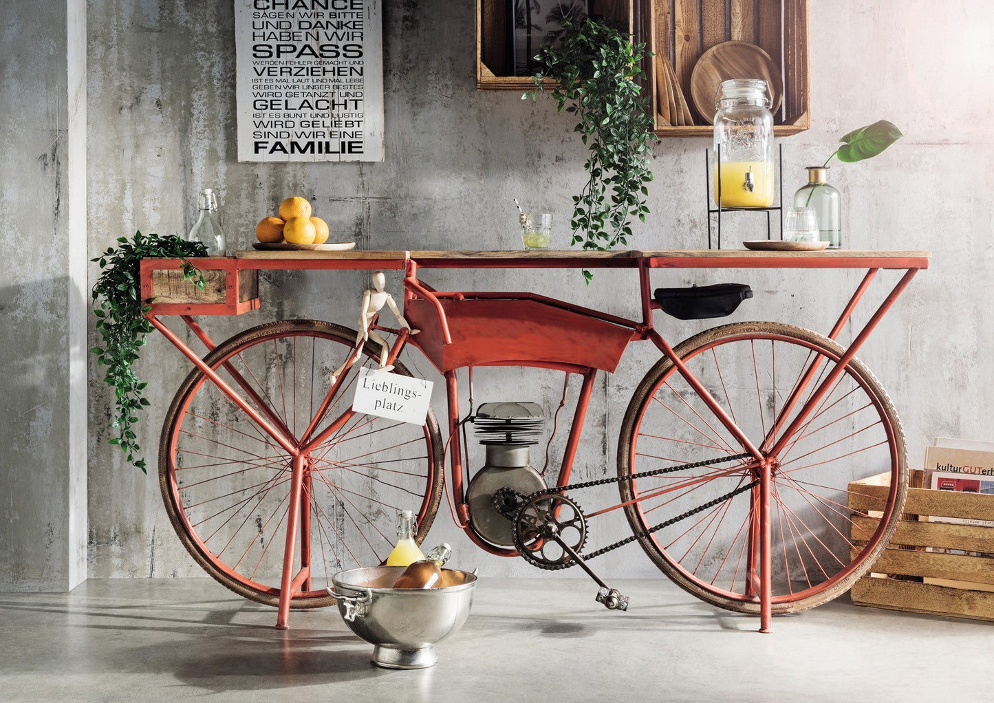 HomeRoots Flying Merkel Motorcycle Bar Cart in Orange Finish