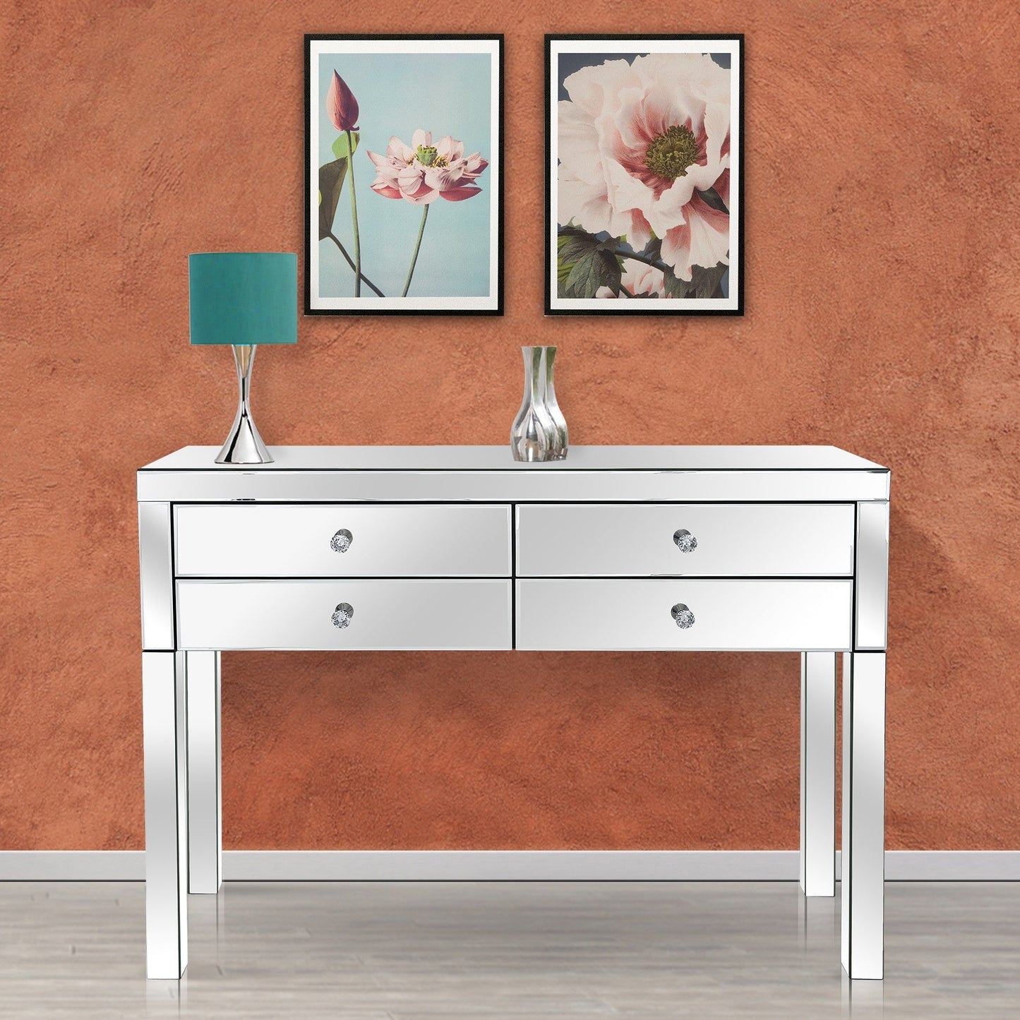 HomeRoots Four Drawer Console Table in Silver Finish