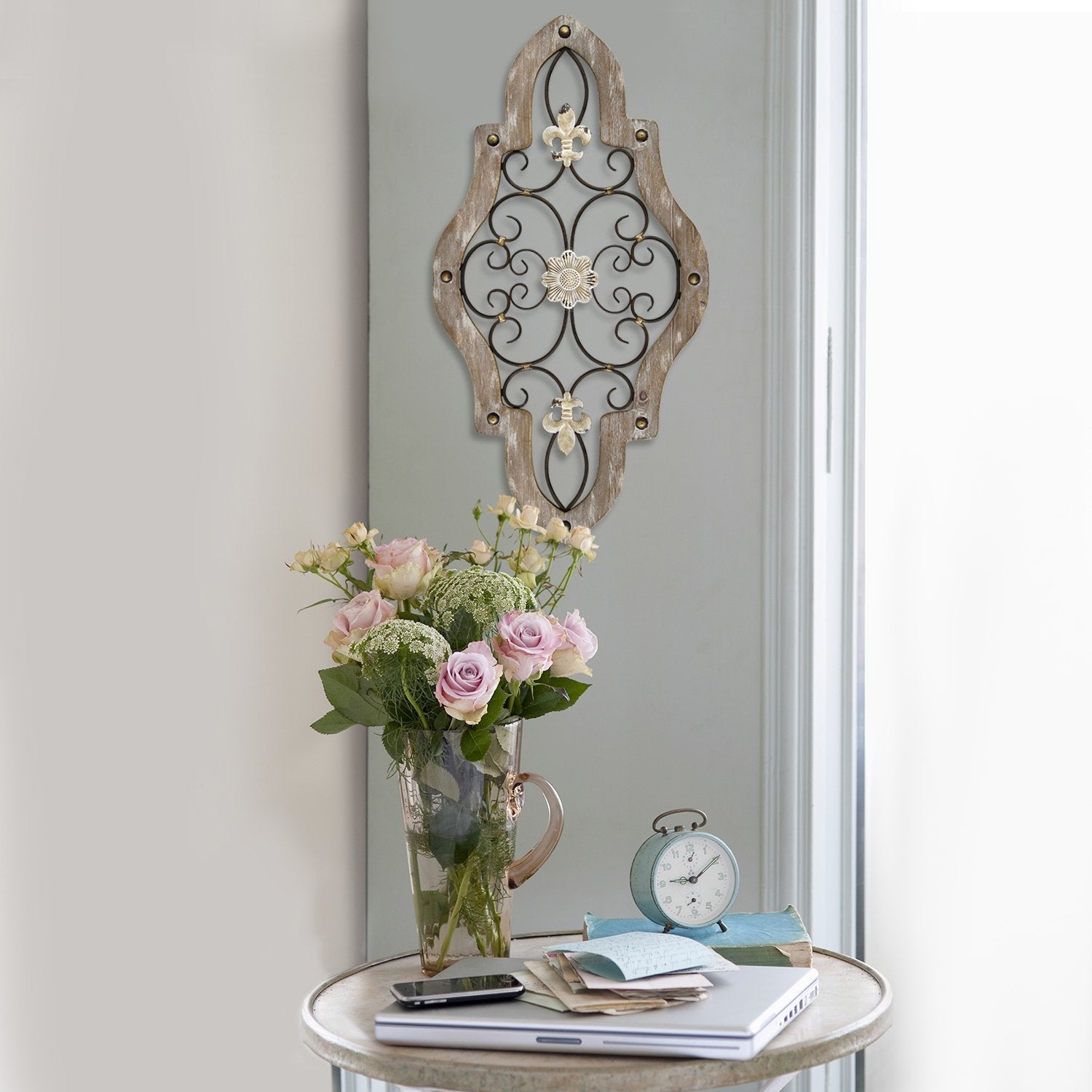 HomeRoots French Country White-Wash Metal Scroll Wall Decor