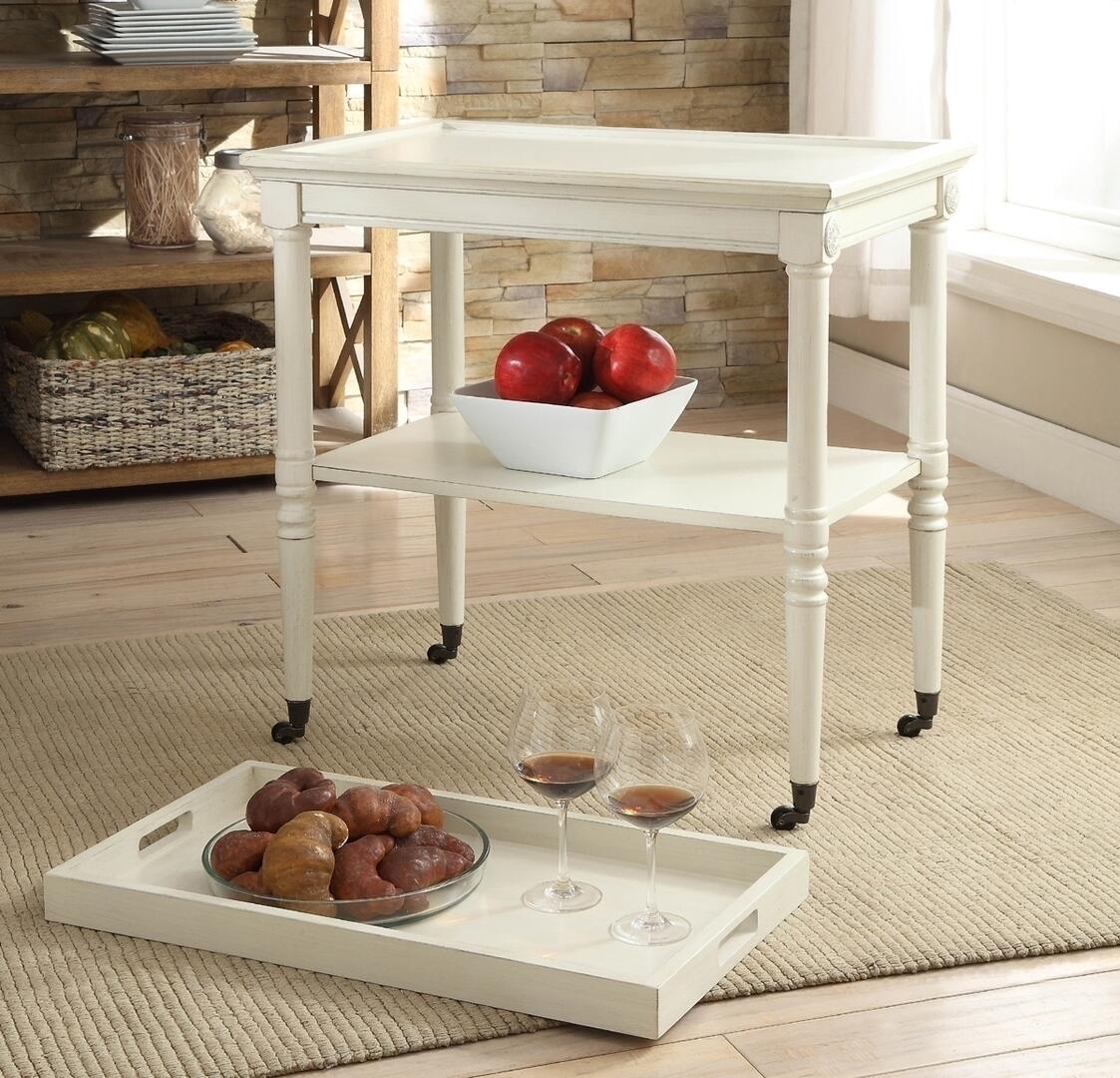 HomeRoots French Style Trolley Table in Antique White Finish