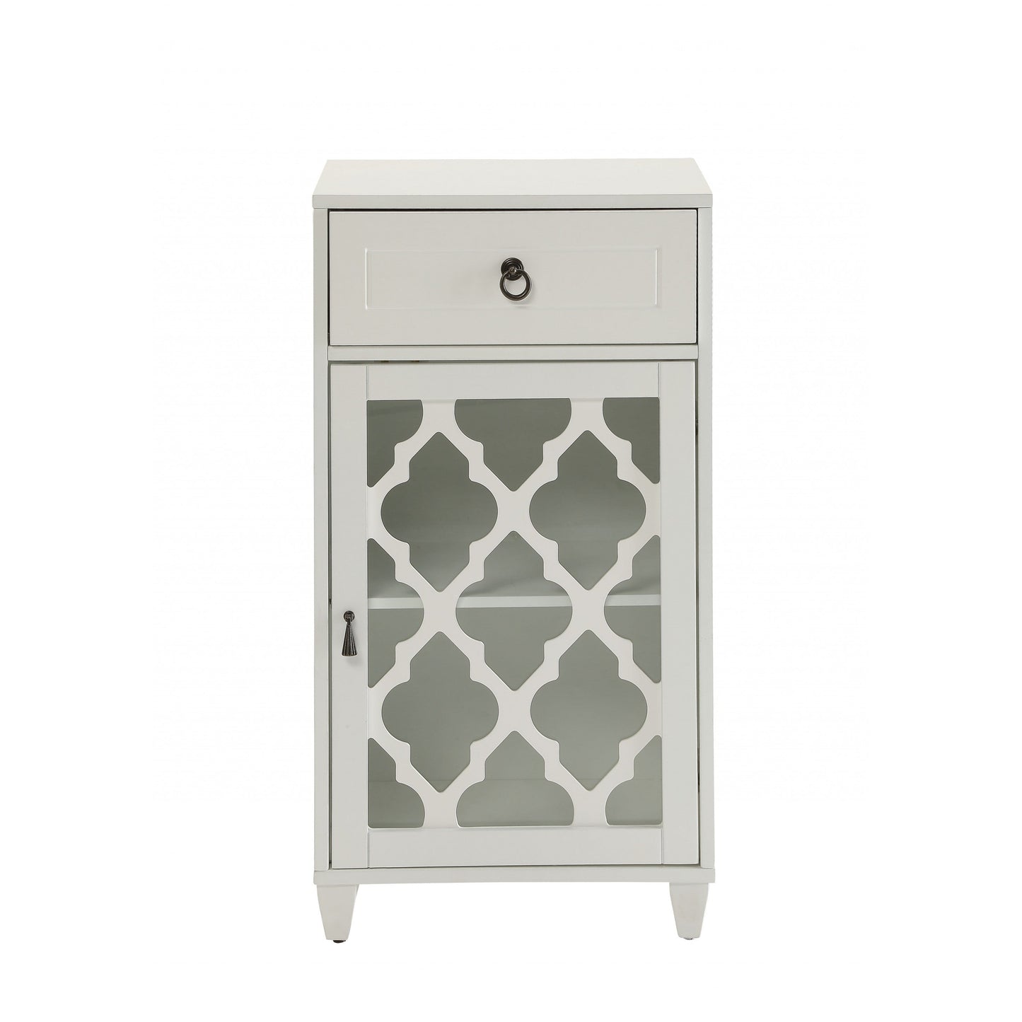 HomeRoots Fret Work Design Cabinet With Glass Door In White Finish