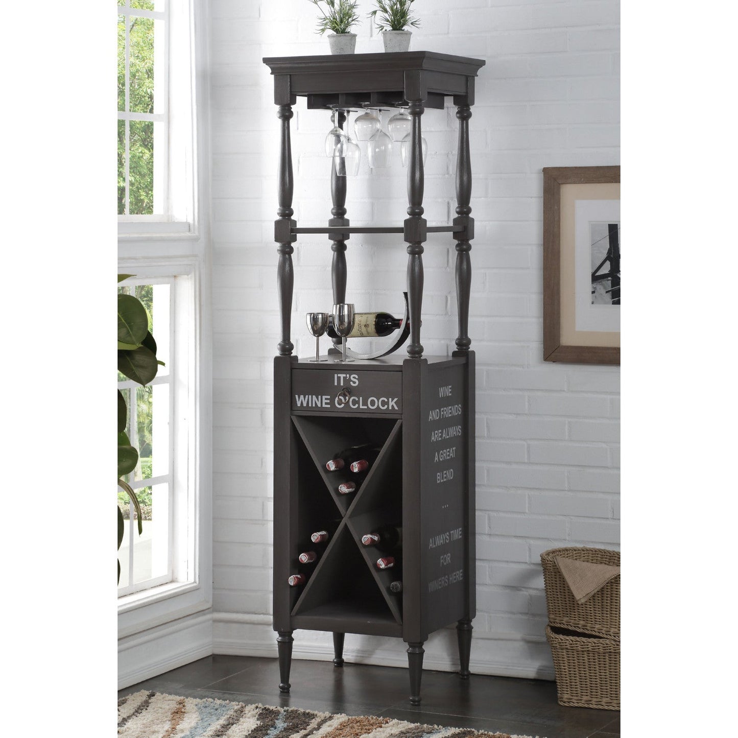 HomeRoots Fun Wine Antique Gray Wine Bar Cabinet