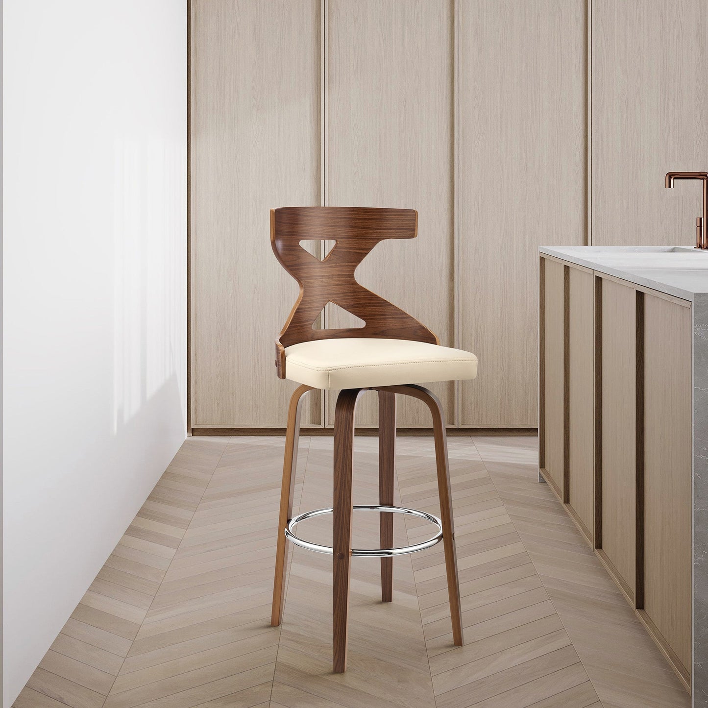 HomeRoots Gayle 30" Swivel Cross Back Cream Faux Leather and Walnut Wood Bar Stool