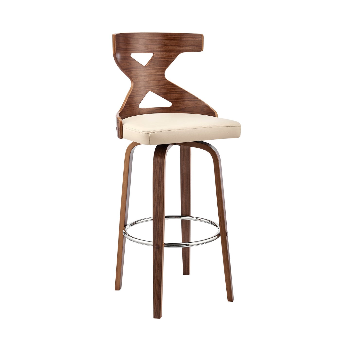 HomeRoots Gayle 30" Swivel Cross Back Cream Faux Leather and Walnut Wood Bar Stool