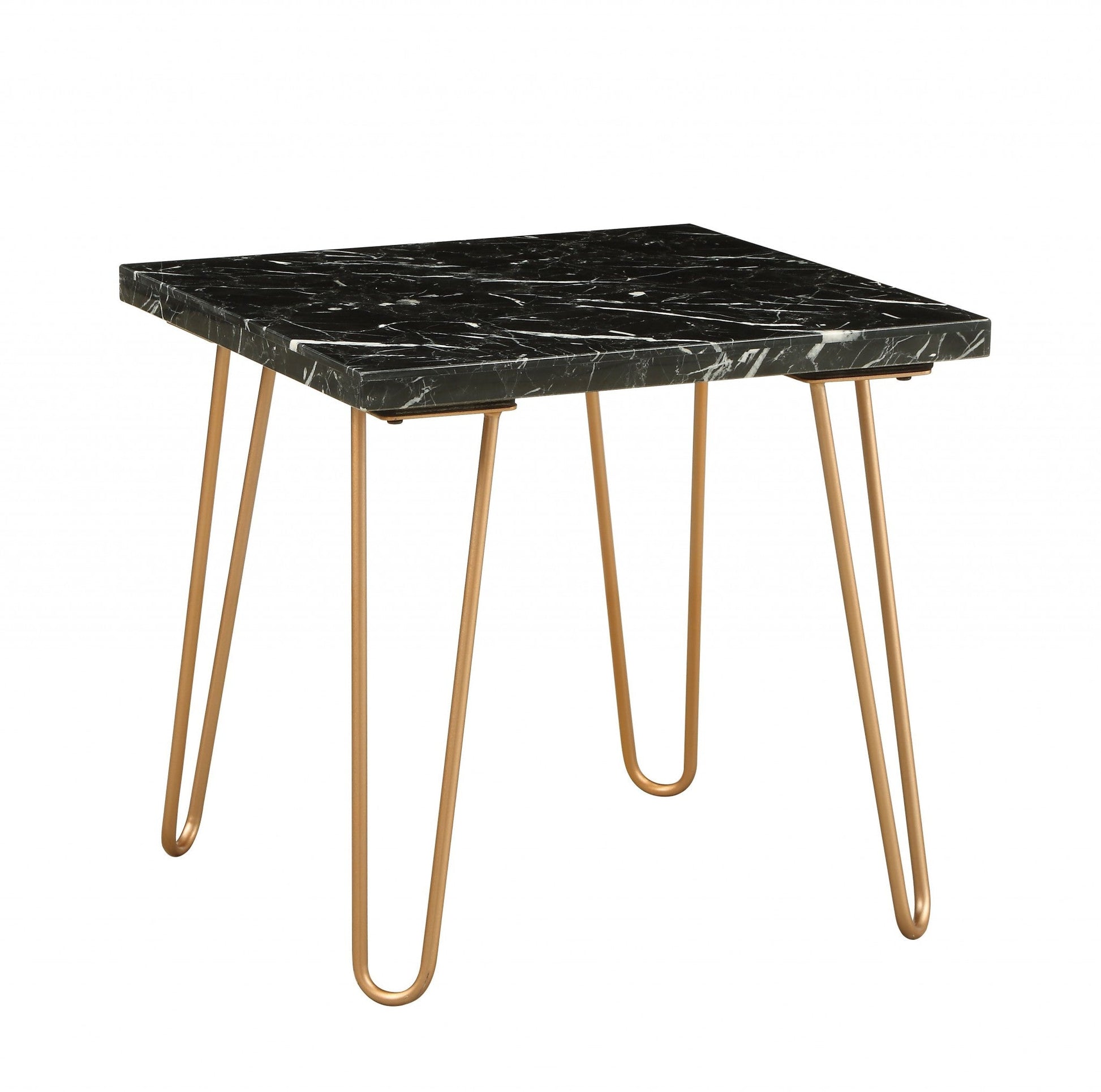 HomeRoots Geometric End Table With Black Marble Top and Gold Finish