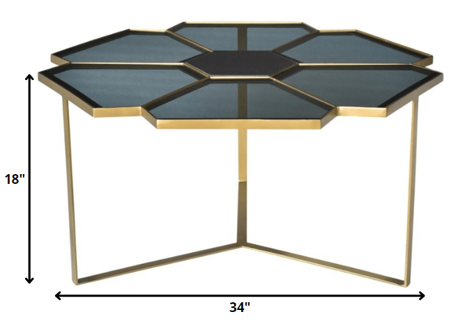 HomeRoots Geometric Floral Glass Coffee Table With Gold and Black Finish