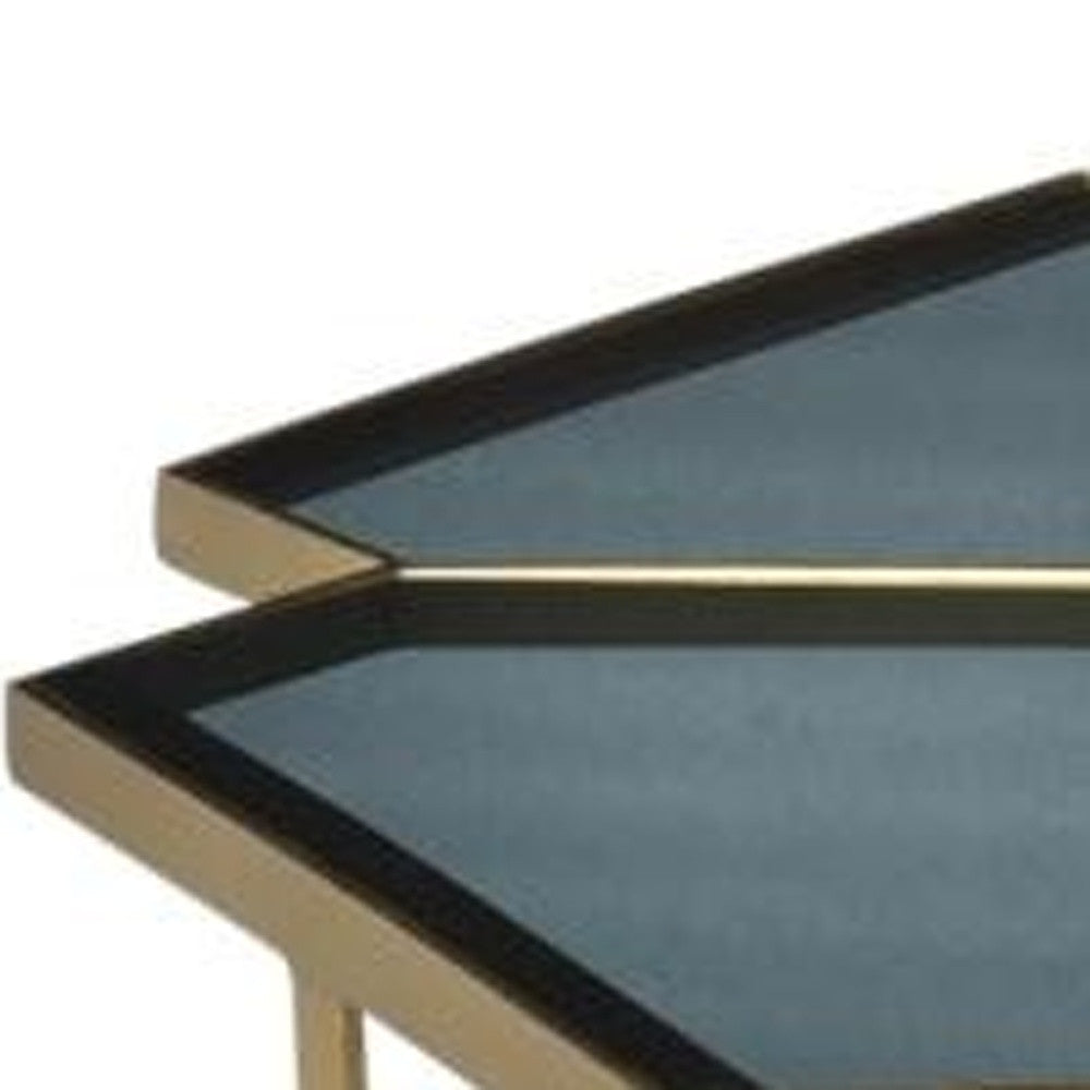 HomeRoots Geometric Floral Glass Coffee Table With Gold and Black Finish