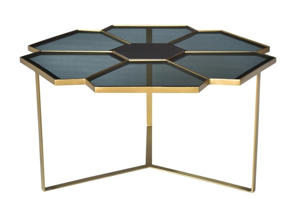 HomeRoots Geometric Floral Glass Coffee Table With Gold and Black Finish