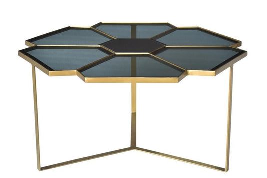 HomeRoots Geometric Floral Glass Coffee Table With Gold and Black Finish