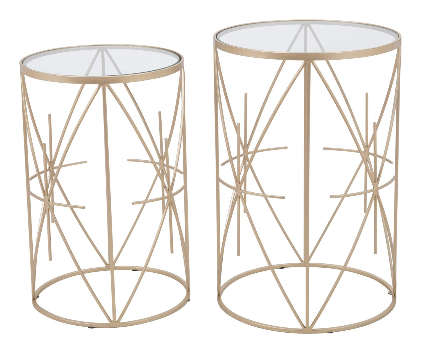 HomeRoots Geometric Gold and Glass Side Tables in Set of Two