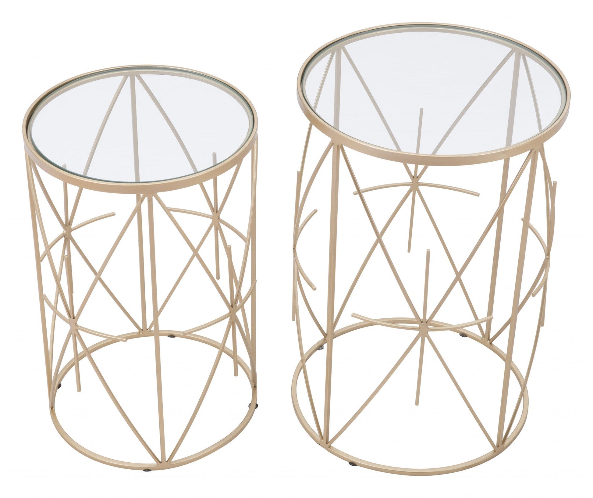 HomeRoots Geometric Gold and Glass Side Tables in Set of Two