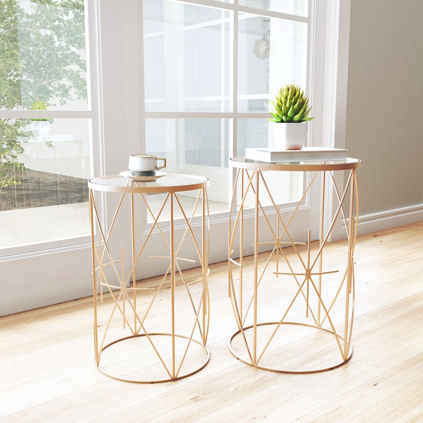 HomeRoots Geometric Gold and Glass Side Tables in Set of Two