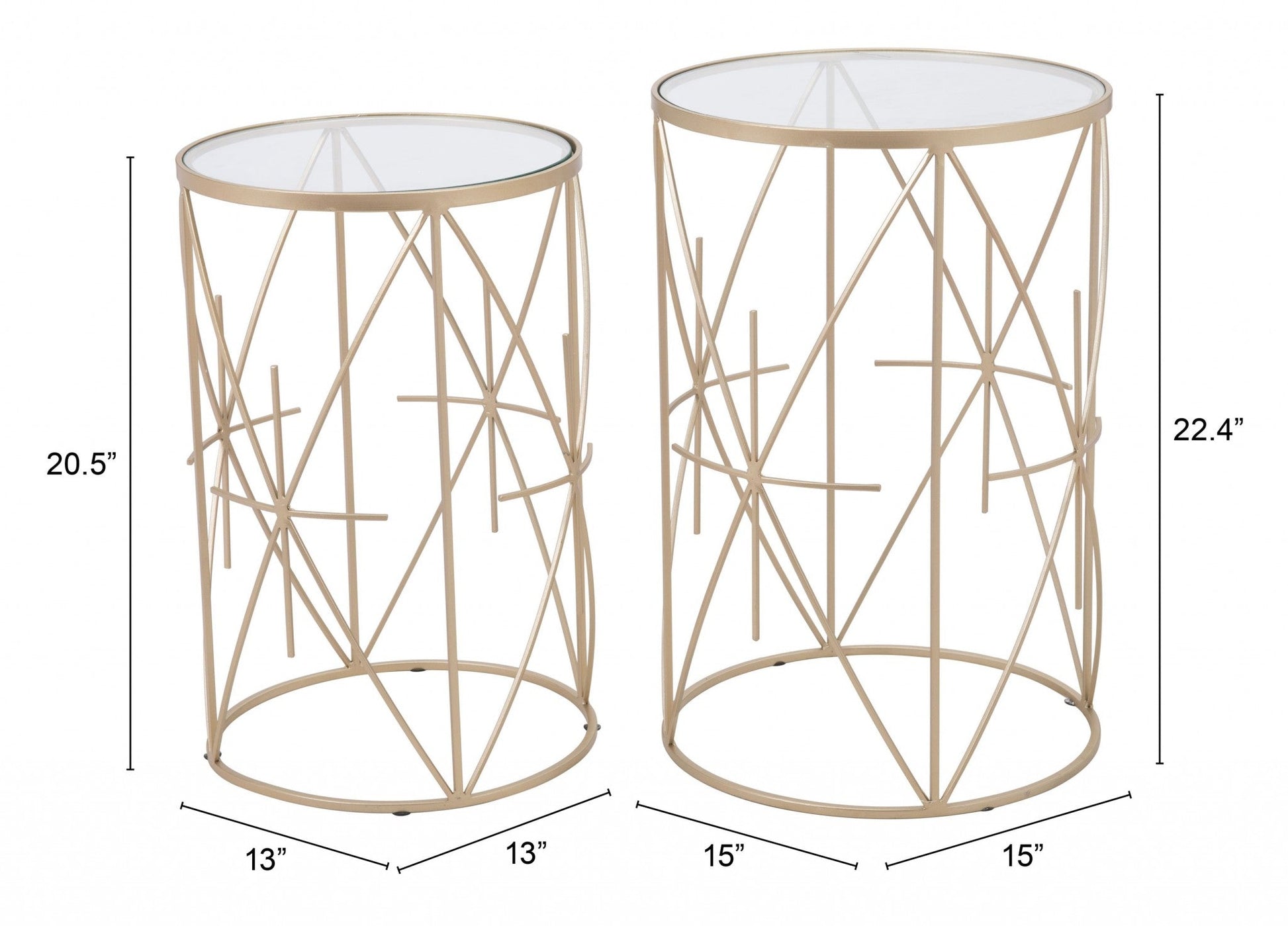 HomeRoots Geometric Gold and Glass Side Tables in Set of Two